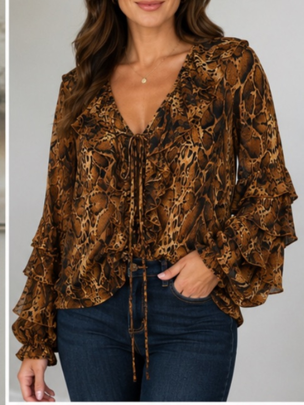 Hester & Orchard XL Animal Print Ruffle Tie Front Blouse Sheer Boho Top Flowy